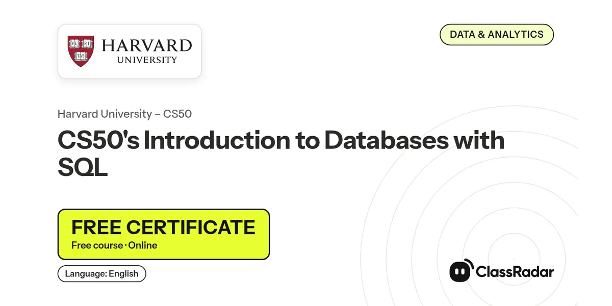 CS50's Introduction to Databases with SQL: free course thumbnail, language English, free certificate