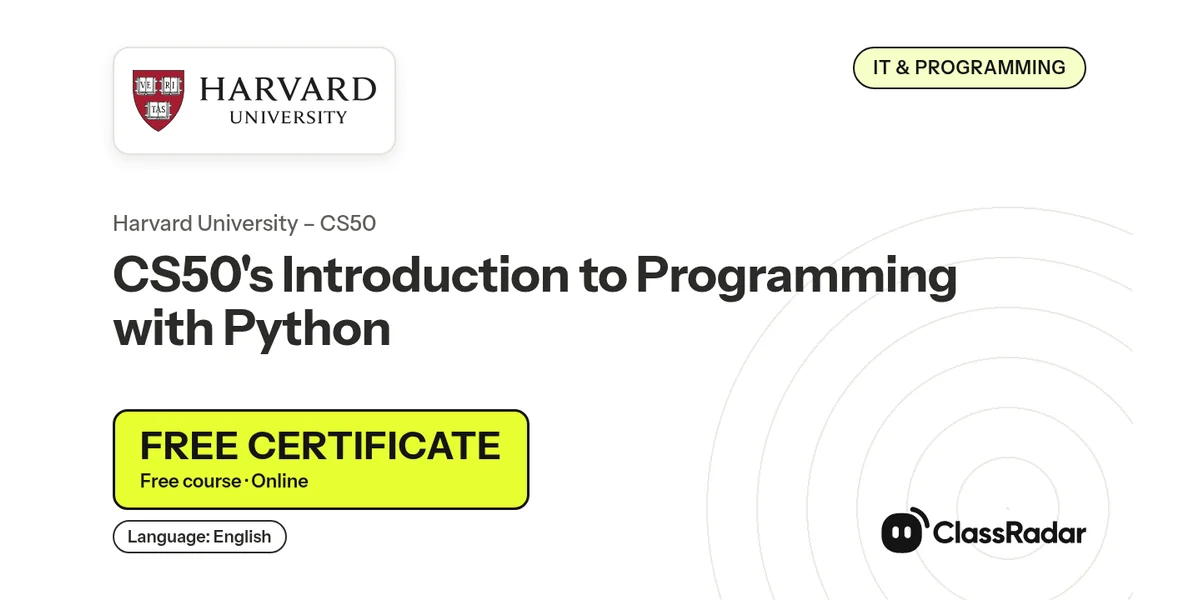 CS50's Introduction to Programming with Python: free course thumbnail, language English, free certificate